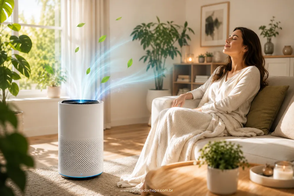 Mulher relaxando em sala iluminada com purificador de ar HEPA ligado e ambiente saudável