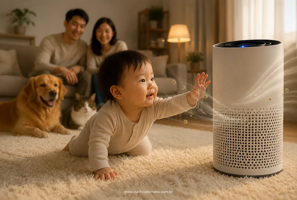 Bebê com rinite engatinhando perto de purificador de ar HEPA na sala com cachorro e gato enquanto o aparelho elimina impurezas do ar