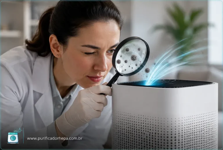 Cientista observando partículas de poeira sendo puxadas por purificador de ar HEPA com lupa em ambiente moderno