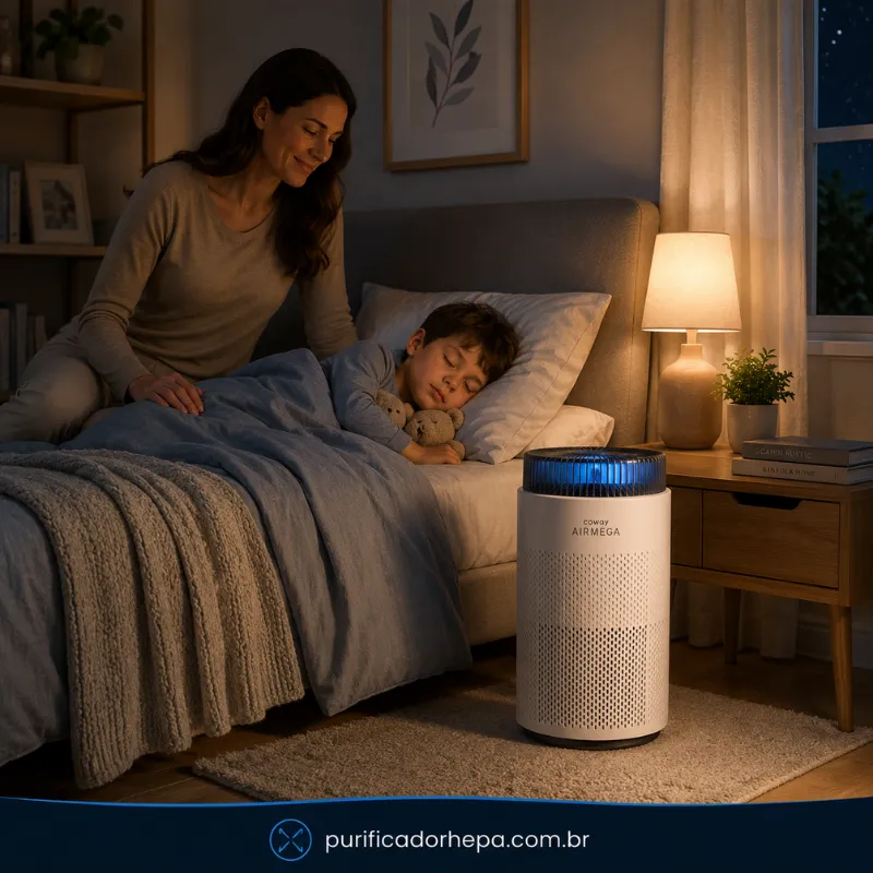 Purificador de ar Coway Airmega 100 em quarto moderno para alergias