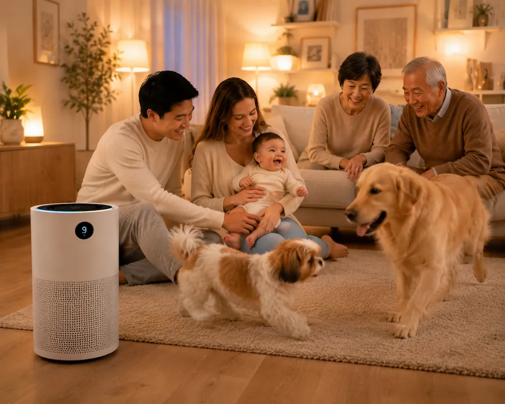 Família feliz com bebê, avós e pets em sala aconchegante usando purificador de ar moderno para manter o ambiente mais limpo e saudável.