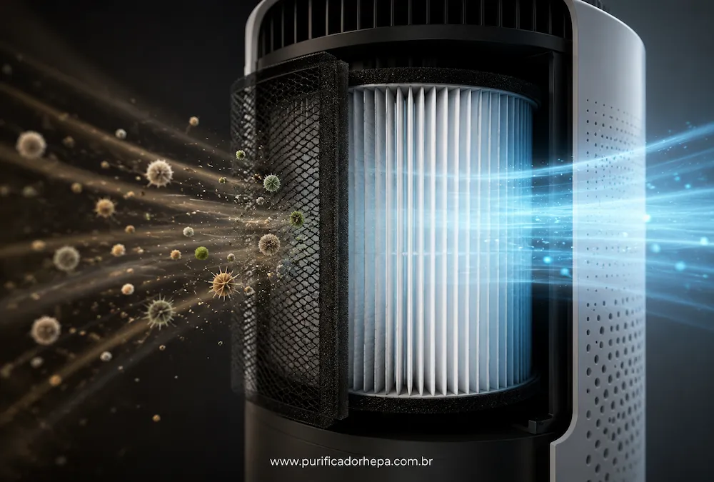 Filtro HEPA em close filtrando poeira, ácaros e partículas microscópicas do ar com efeito tecnológico