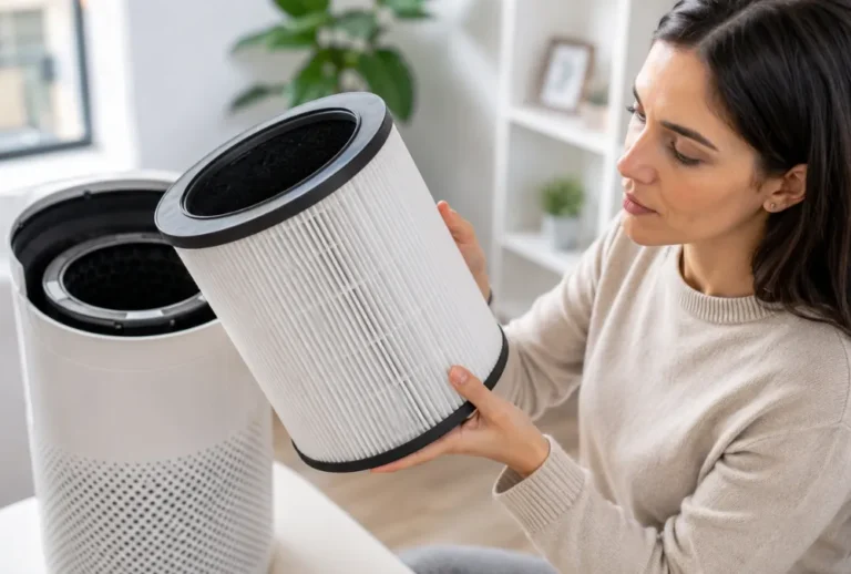 Mulher analisando filtro HEPA de purificador de ar