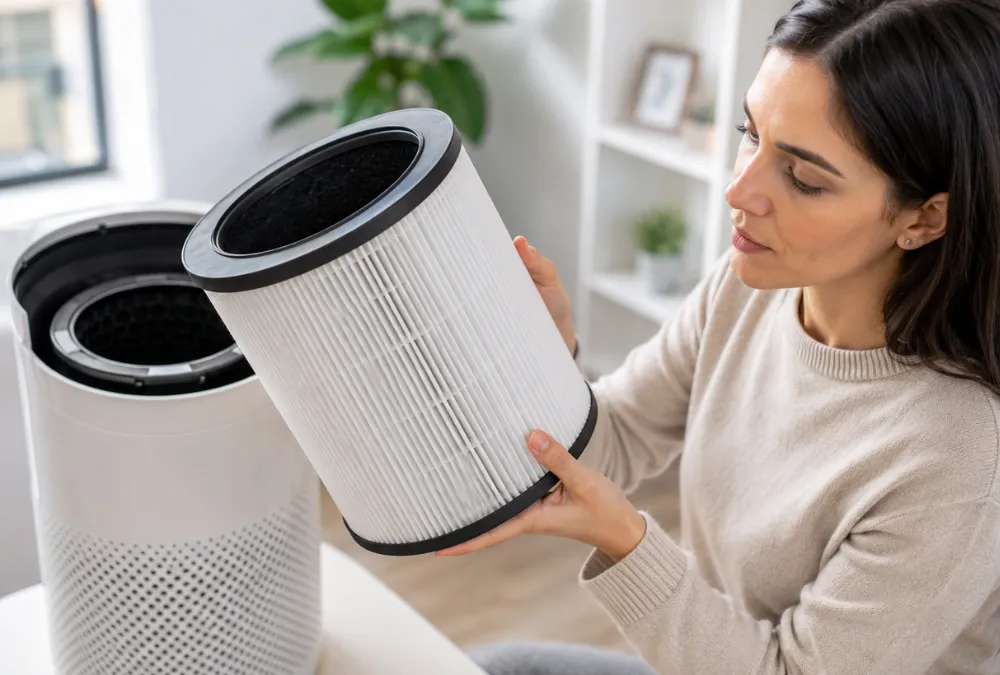 Mulher analisando filtro HEPA de purificador de ar