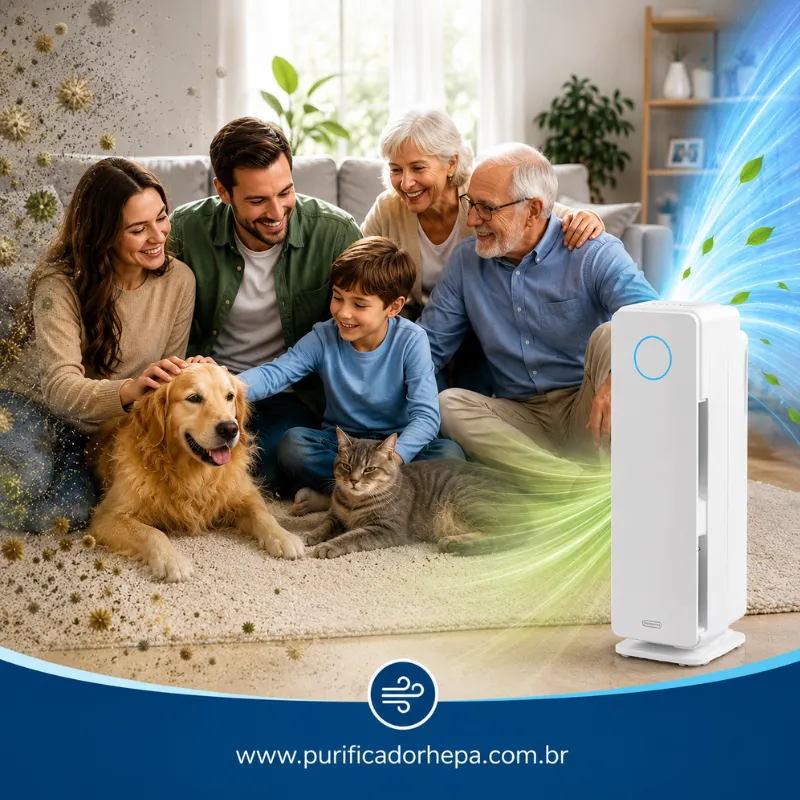 Família com avós, pais, criança e pets em sala limpa usando o purificador de ar HEPA GermGuardian AC4300WPT para reduzir alérgenos, poeira e pelos de animais.