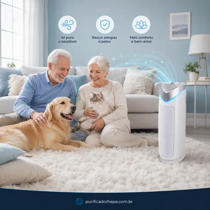Casal de idosos feliz com cachorro e gato em sala azul clara usando o purificador de ar HEPA GermGuardian AC4825W para reduzir alergias, pelos e melhorar a qualidade do ar.
