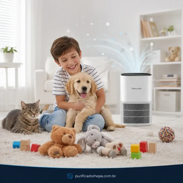 Purificador de ar Honeywell Allergen Plus em sala com criança brincando com cachorro e gato sem alergias