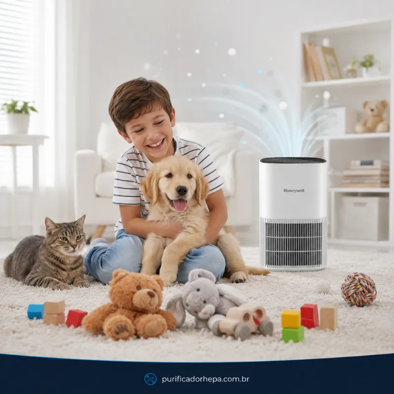 Purificador de ar Honeywell Allergen Plus em sala com criança brincando com cachorro e gato sem alergias