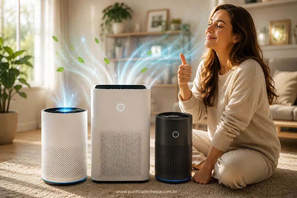 Pessoa aprovando três purificadores de ar HEPA em ambiente moderno e iluminado