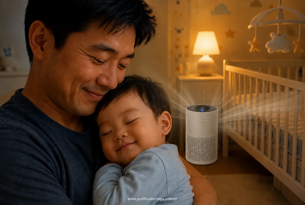 Pai oriental segurando bebê dormindo no quarto infantil com purificador de ar HEPA ligado ajudando a aliviar rinite e melhorar a qualidade do ar . E o mesmo feliz porque o Purificador de ar ajuda bebe com rinite