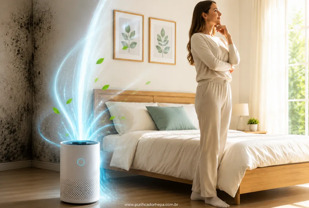 Purificador de ar HEPA limpando quarto com leve presença de mofo e ambiente iluminado