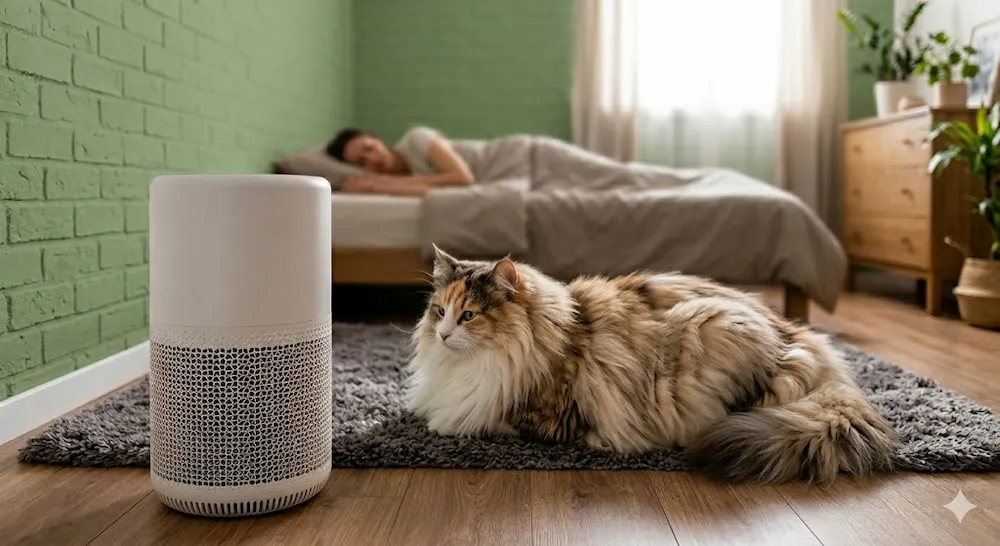 Gato da raça Persa com pelos brancos e cinzas muito longos, deitado sobre um tapete de pelos altos em um quarto, próximo a um purificador de ar HEPA cilíndrico e uma pessoa dormindo ao fundo.