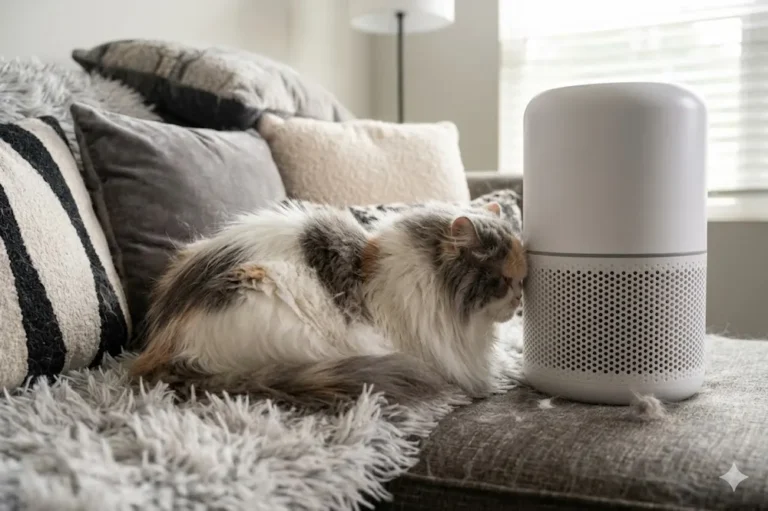Gato de pelagem longa e felpuda deitado no sofá ao lado de um purificador de ar HEPA portátil branco, em uma sala com almofadas e mantas texturizadas que acumulam alérgenos.