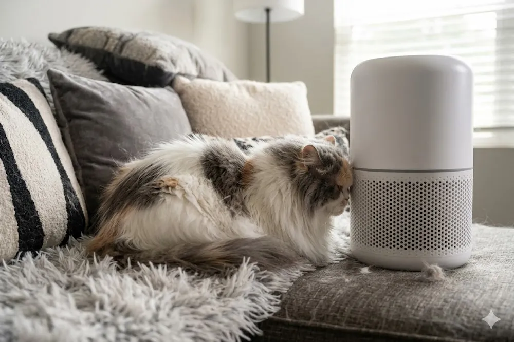 Gato de pelagem longa e felpuda deitado no sofá ao lado de um purificador de ar HEPA portátil branco, em uma sala com almofadas e mantas texturizadas que acumulam alérgenos.