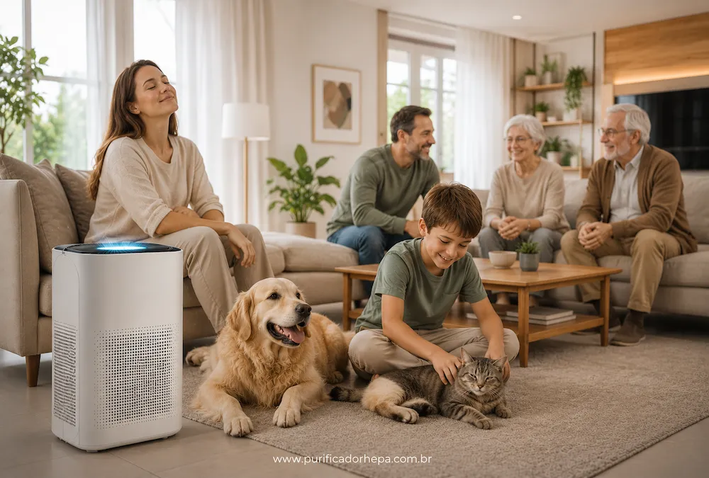 Família reunida em sala moderna com purificador de ar HEPA, criança brincando com cachorro e gato em ambiente limpo