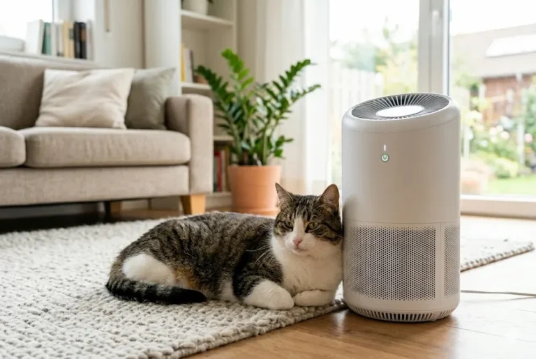 Purificador de ar com filtro HEPA ao lado de um gato em sala residencial ajudando a melhorar a qualidade do ar