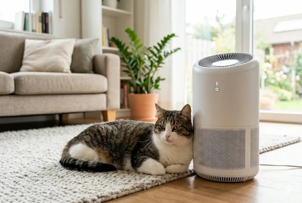 Purificador de ar com filtro HEPA ao lado de um gato em sala residencial ajudando a melhorar a qualidade do ar