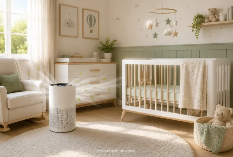 Quarto de bebê moderno e organizado com purificador de ar HEPA funcionando próximo ao berço e deixando o ambiente mais limpo