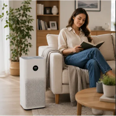 Mulher lendo um livro na sala com o Purificador de ar Xiaomi Mi Air Purifier 3H em ambiente residencial moderno
