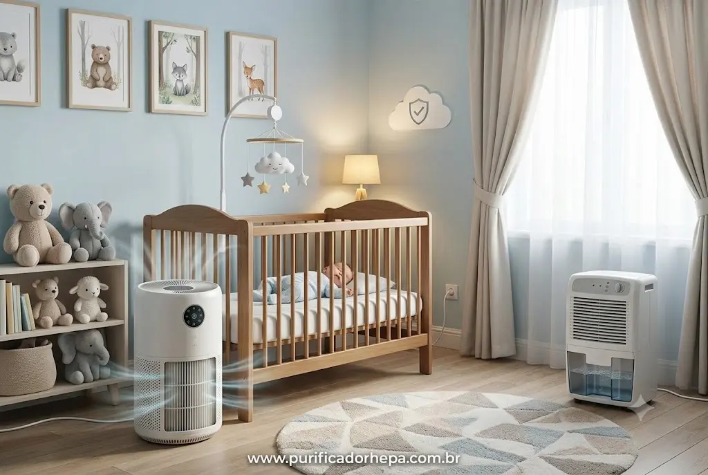 Purificador de ar HEPA funcionando em quarto de bebê