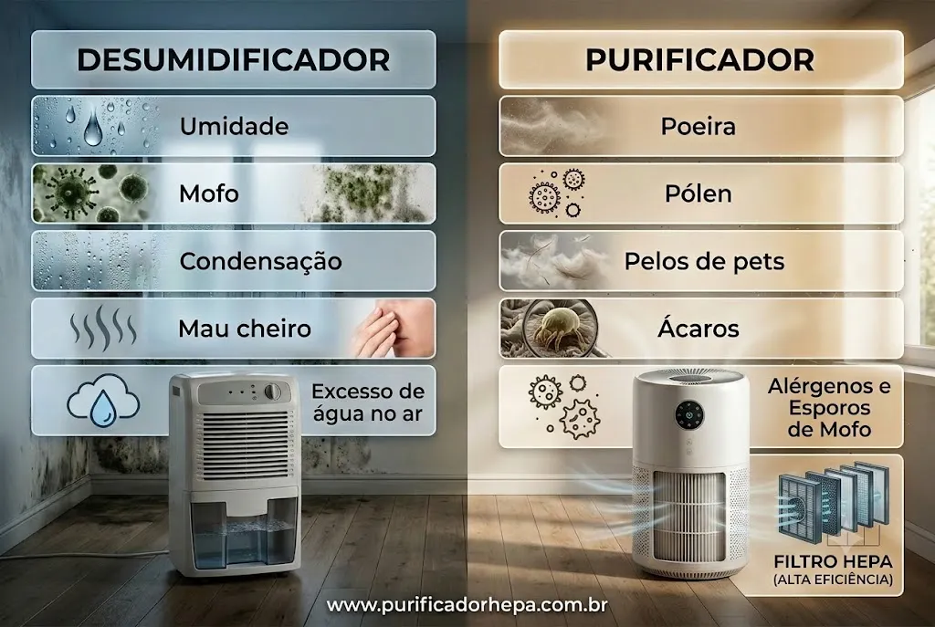 Infográfico mostrando a diferença entre purificador de ar e desumidificador
