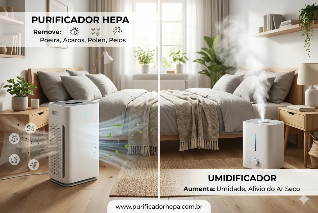 Comparativo visual em um quarto moderno mostrando a diferença entre um purificador HEPA, que remove poeira e pelos, e um umidificador que solta vapor no ar.