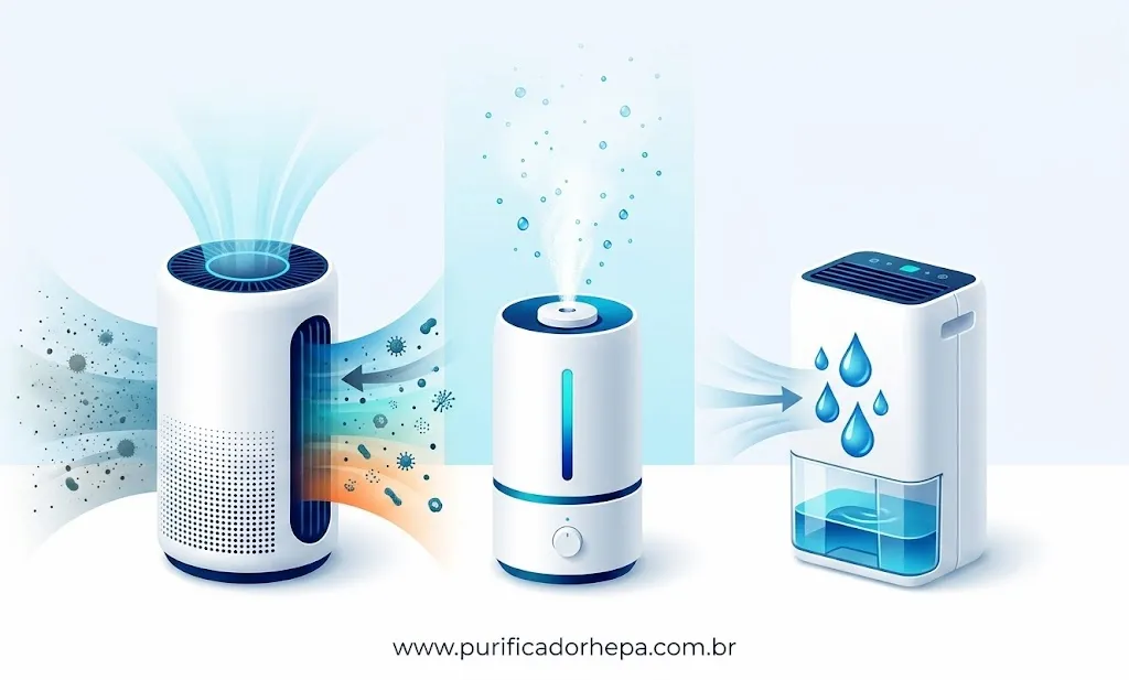 Comparação visual entre purificador de ar filtrando partículas, umidificador soltando névoa de água e desumidificador recolhendo gotículas do ambiente.