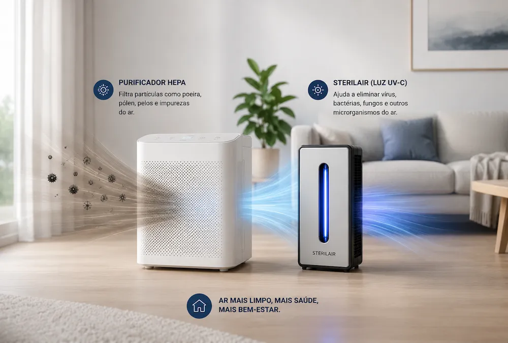 Purificador de ar HEPA e Sterilair UV-C funcionando juntos em uma sala moderna, filtrando partículas do ar e complementando a qualidade do ambiente interno.
