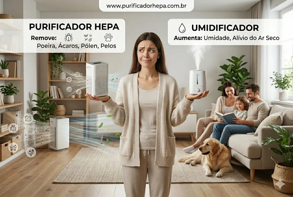 Mulher em dúvida expressando expressão pensativa e segurando um purificador HEPA em uma mão e um umidificador na outra, com sua família e um cachorro ao fundo na sala de estar.