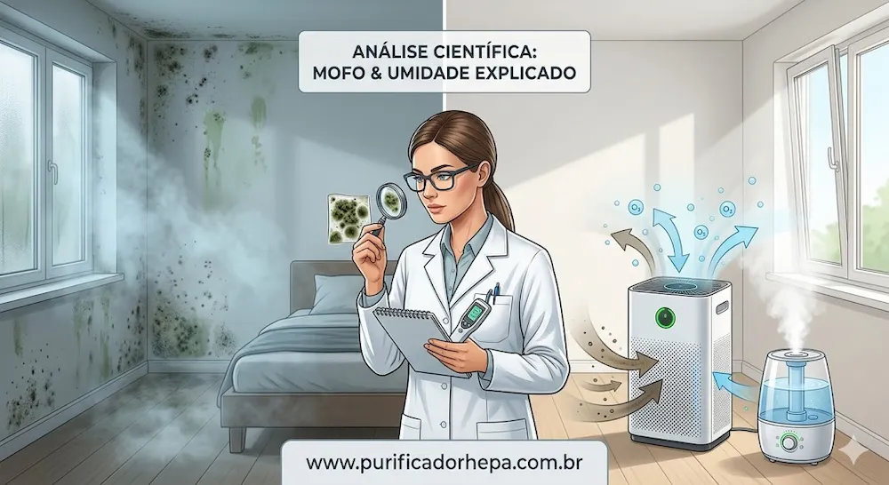 Cientista analisando mofo em um quarto dividido ao meio. Do lado esquerdo, paredes com manchas de mofo e janela fechada com condensação. Do lado direito, quarto limpo e bem ventilado com um purificador HEPA e um umidificador em funcionamento.
