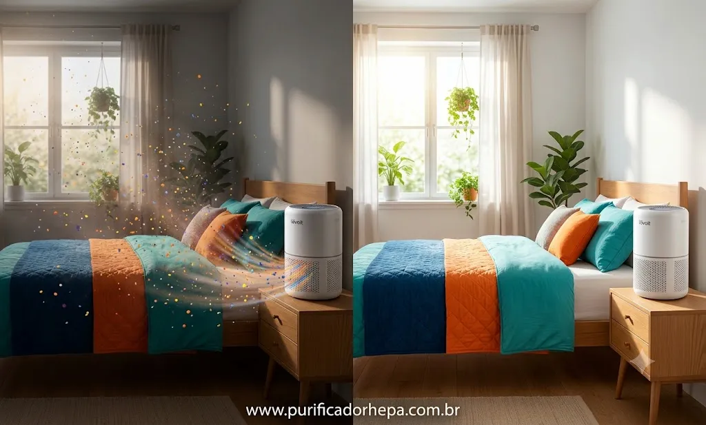 Purificador de ar HEPA discreto ao lado da cama em quarto moderno, mostrando partículas de poeira sendo aspiradas e feixes de luz iluminando o ar limpo.