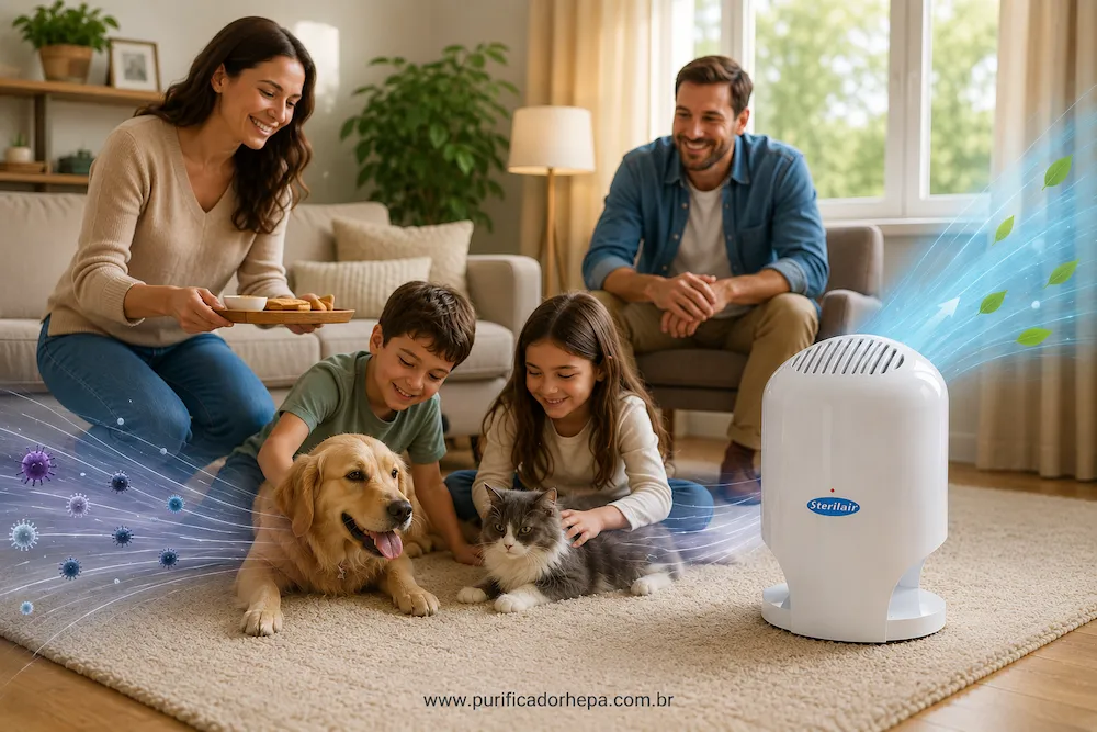 Família com crianças e animais de estimação em uma sala enquanto o Sterilair UV-C ajuda a melhorar a qualidade do ar do ambiente.