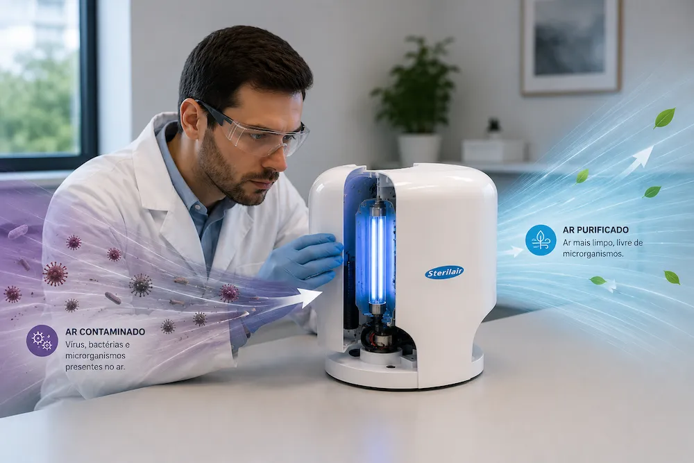 Pesquisador analisando o funcionamento interno do Sterilair UV-C enquanto o aparelho trata o ar contaminado e libera ar purificado em ambiente interno.