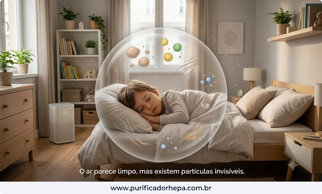Representação das partículas invisíveis presentes no ar de um quarto e a ação de um purificador.