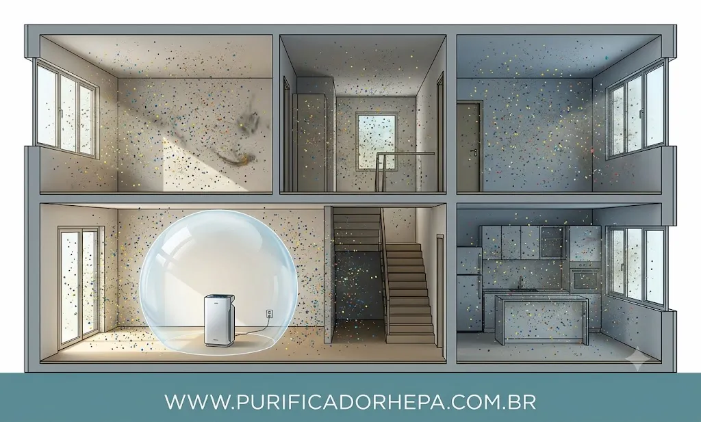 Purificador formando uma área de ar limpo em meio a partículas suspensas dentro de uma residência.
