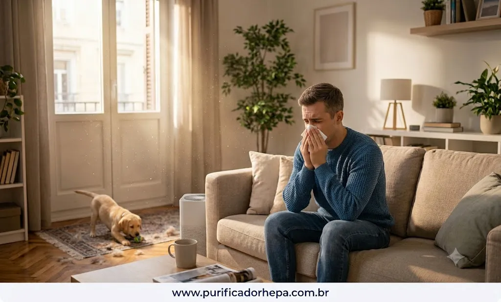 Pessoa com sintomas de alergia em ambiente com animais e purificador de ar funcionando.