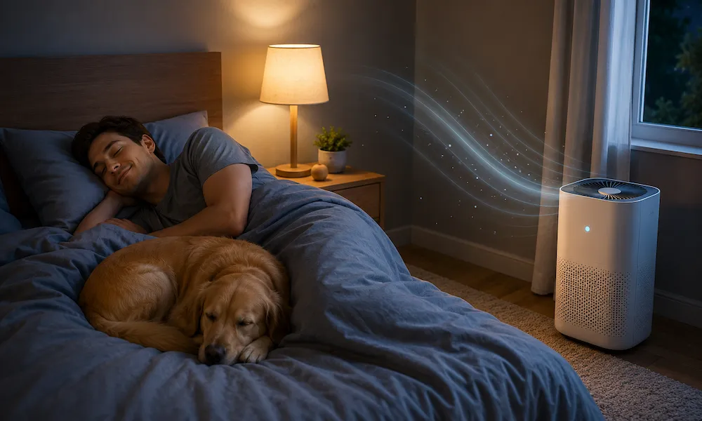 Purificador de ar HEPA em um quarto de solteiro com pessoa e pet dormindo tranquilamente durante a noite, mantendo o ar limpo e saudável.