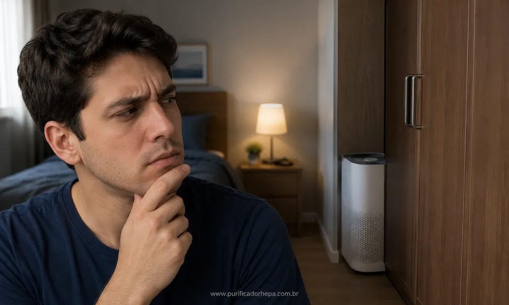Pessoa observando um purificador de ar HEPA instalado atrás do armário dentro do quarto, demonstrando dúvida sobre o posicionamento correto do aparelho.